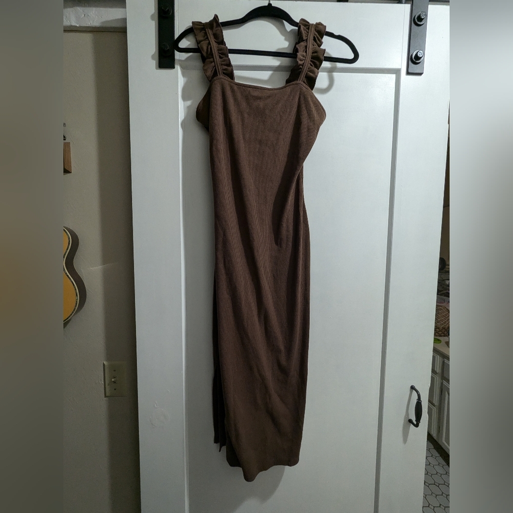 Brown Midi Dress With ruffle Detail